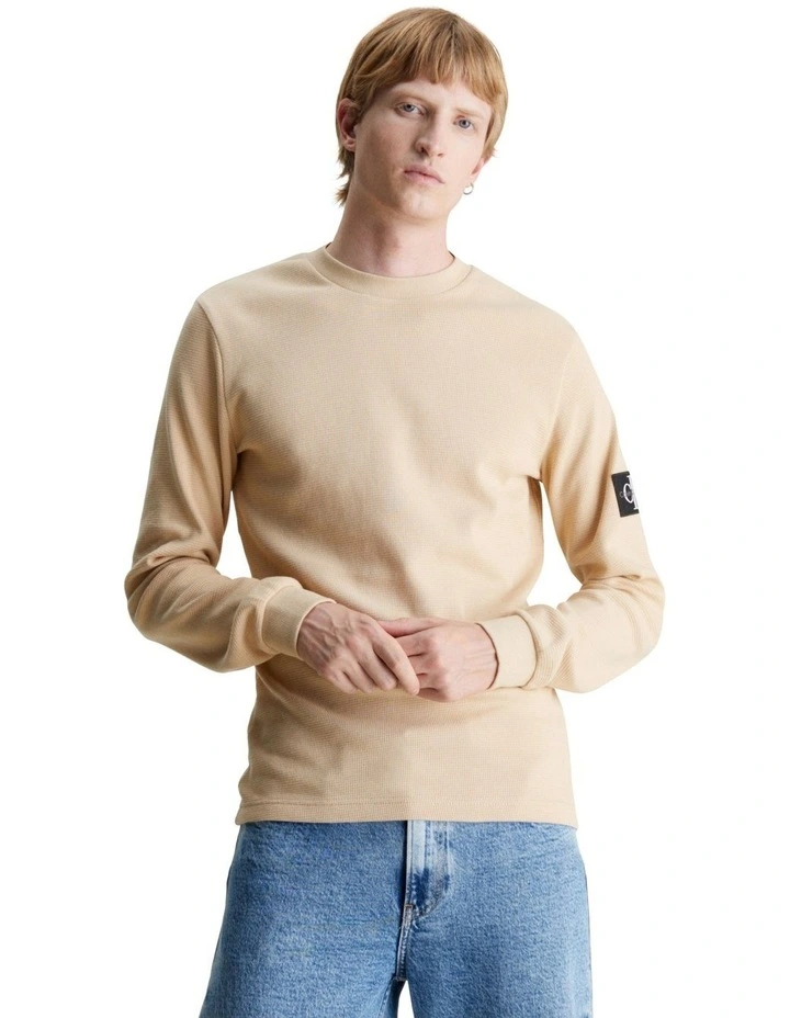 Badge Waffle Long Sleeve Tee in Beige