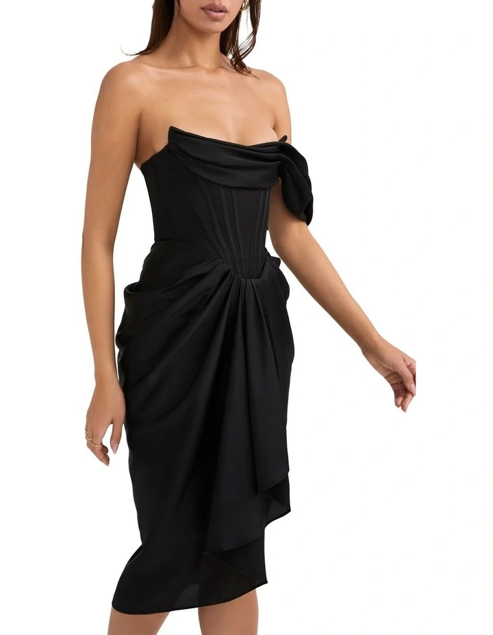 Janis Satin Corset Midi Dress in Black