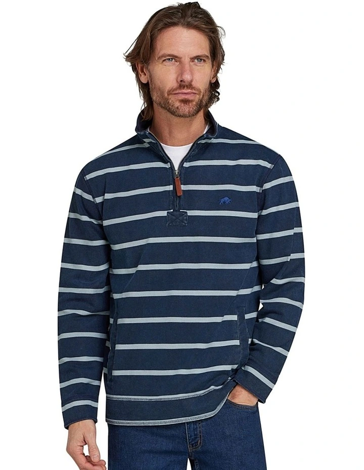 Stripe Pique Quarter Zip Sweat Top in Navy