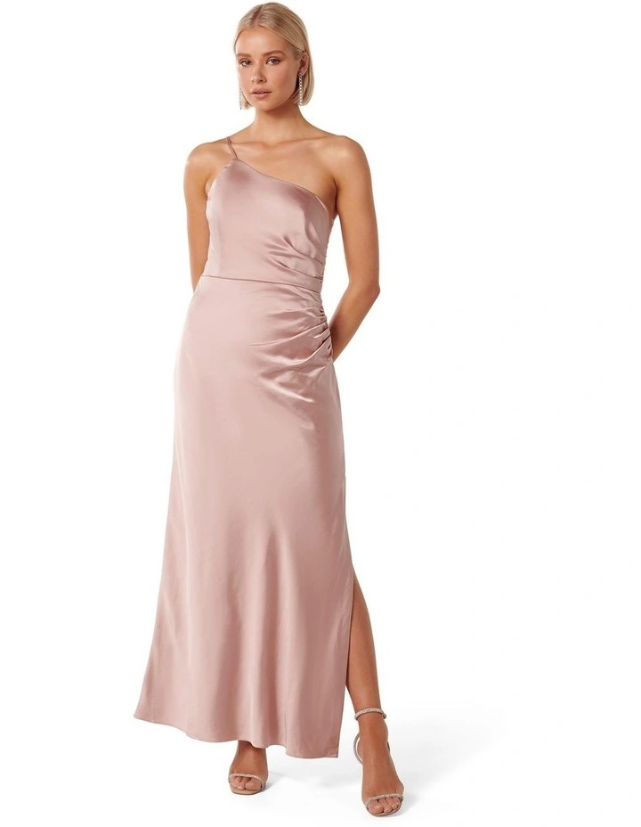 Kelly One Shoulder Satin Maxi Dress in Pink