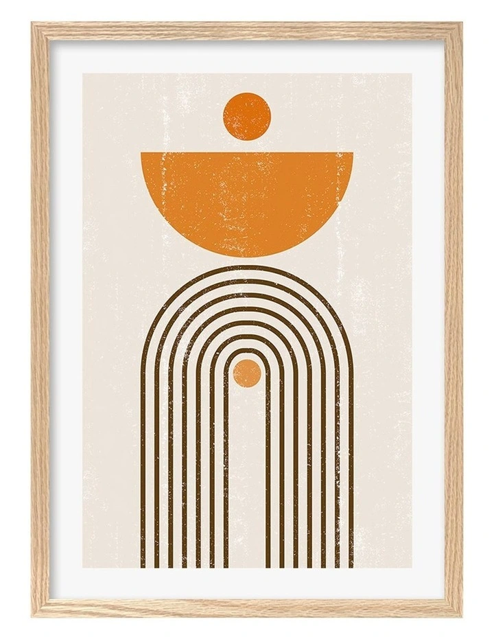 Australian Made Orange Boho Sun Arch Art Print A2 in Natural Frame
