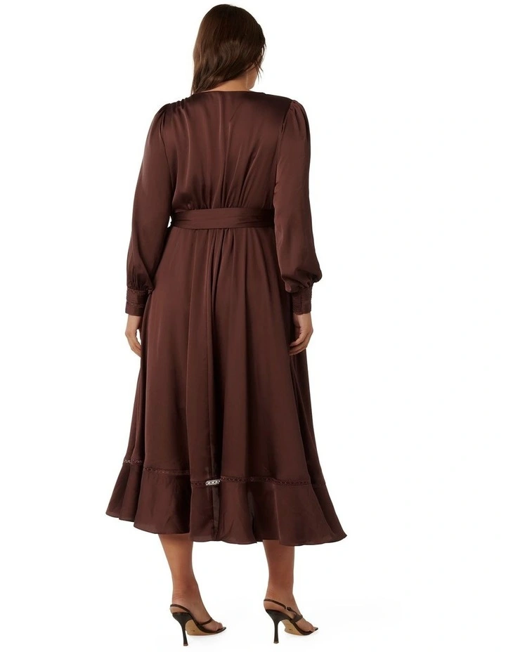 Savanna Satin Wrap Midi Dress in Brown