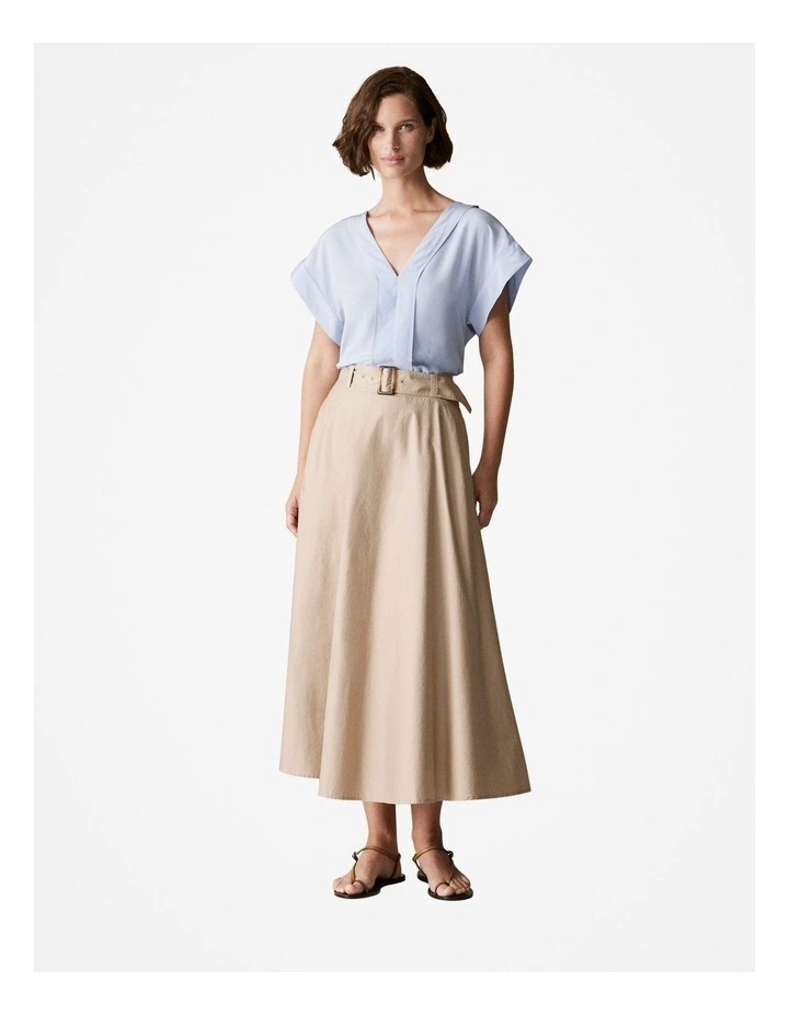 Cotton Sateen Belted Skirt in Biscuit