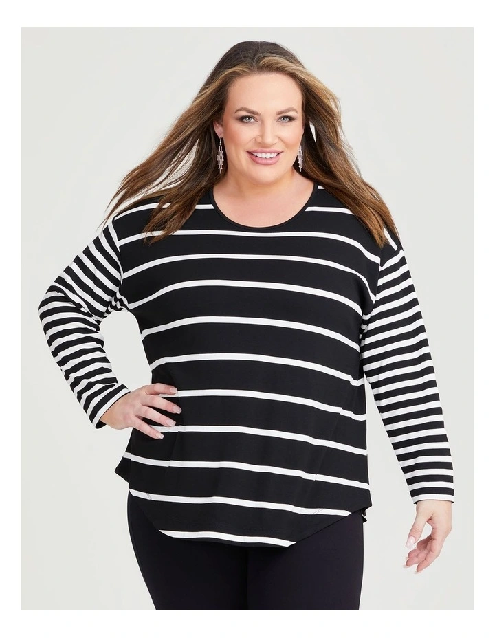 Bamboo Ponte Mix Stripe Top in Black/Off White