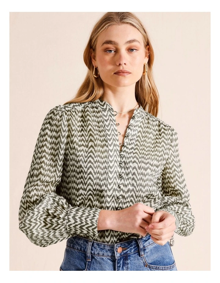 Ramie High Neck Button Blouse in Khaki