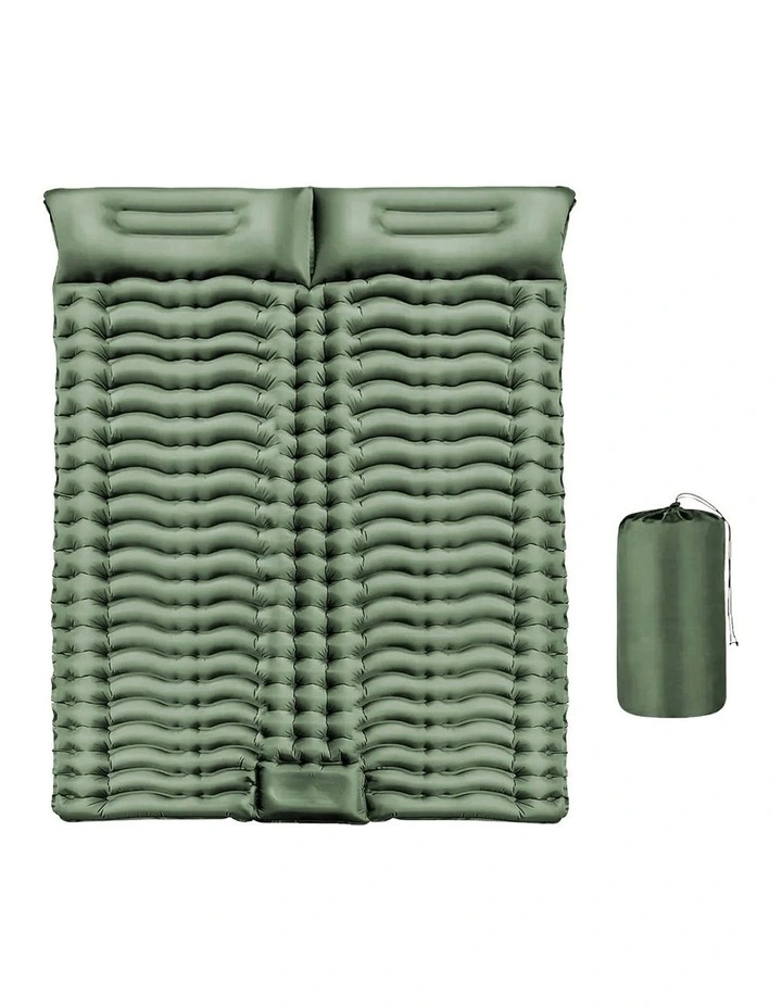Double Inflatable Outdoor Camping Sleeping Pad with Pillow in Army Green