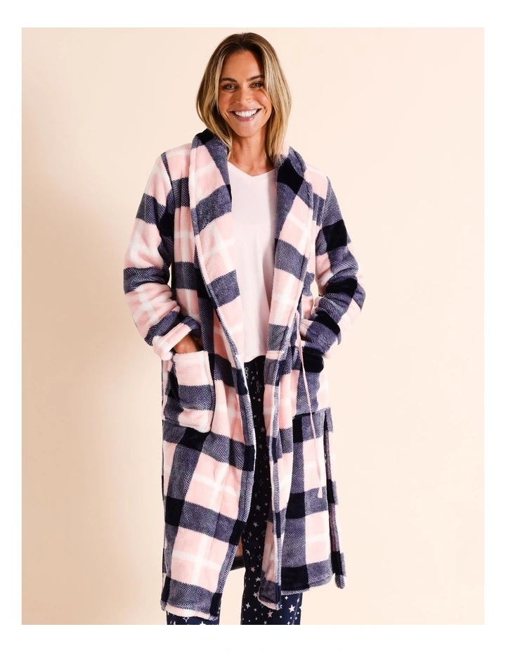 Fleece Long Robe in Navy & Pink Check
