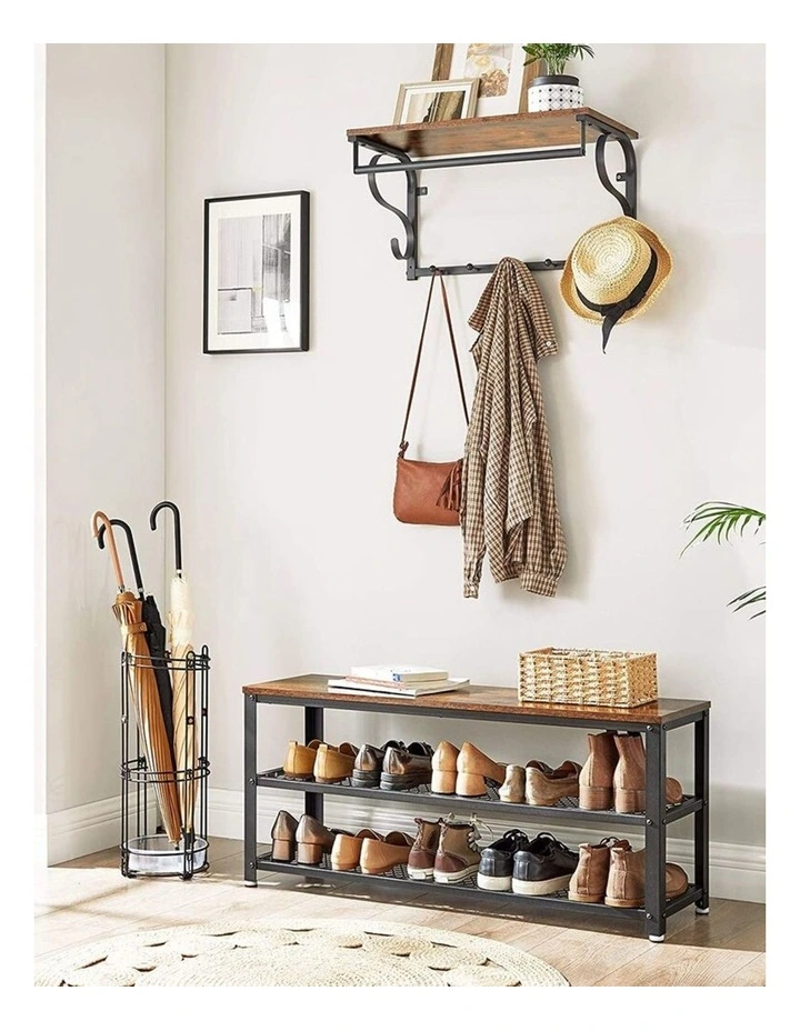 Industrial Style Shoe Rack with 2 Mesh Shelves in Rustic Brown/Black