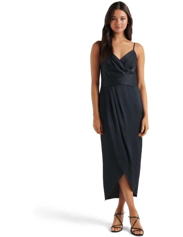 Amanda Drape Satin Midi Dress in Navy