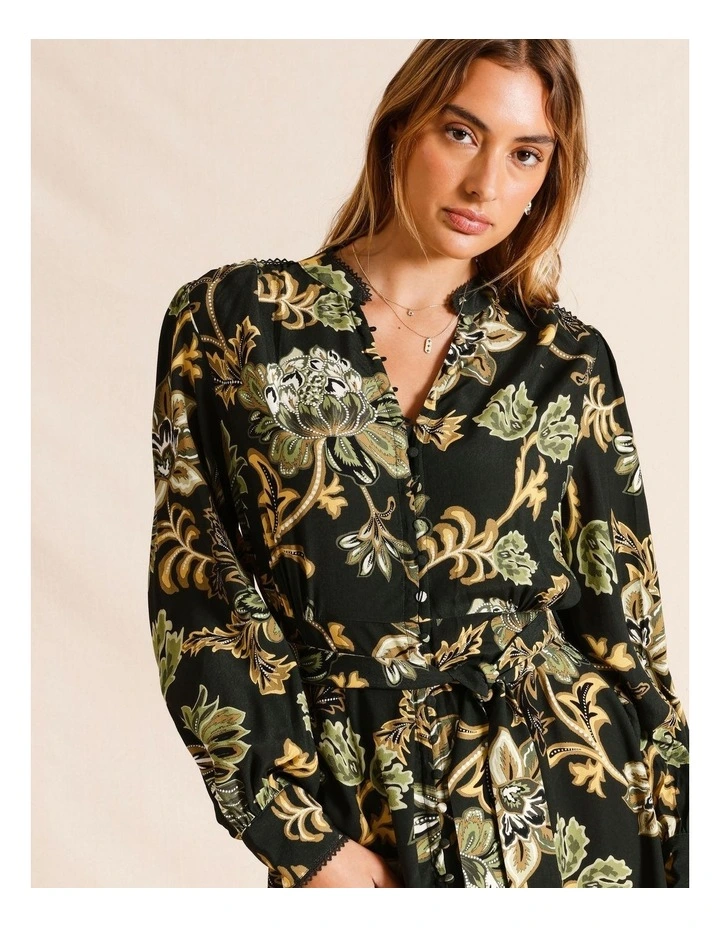 Long Sleeve Button Thru Midi Dress in Khaki Multi