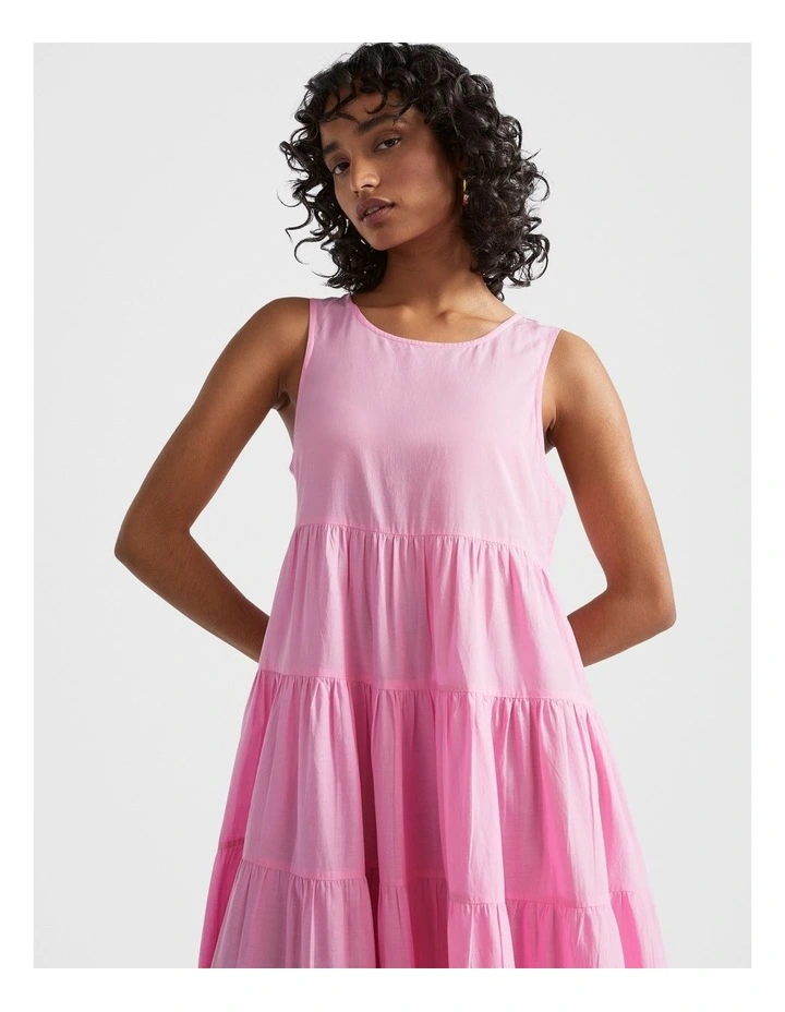 Voile Tiered Midi Dress in Pink