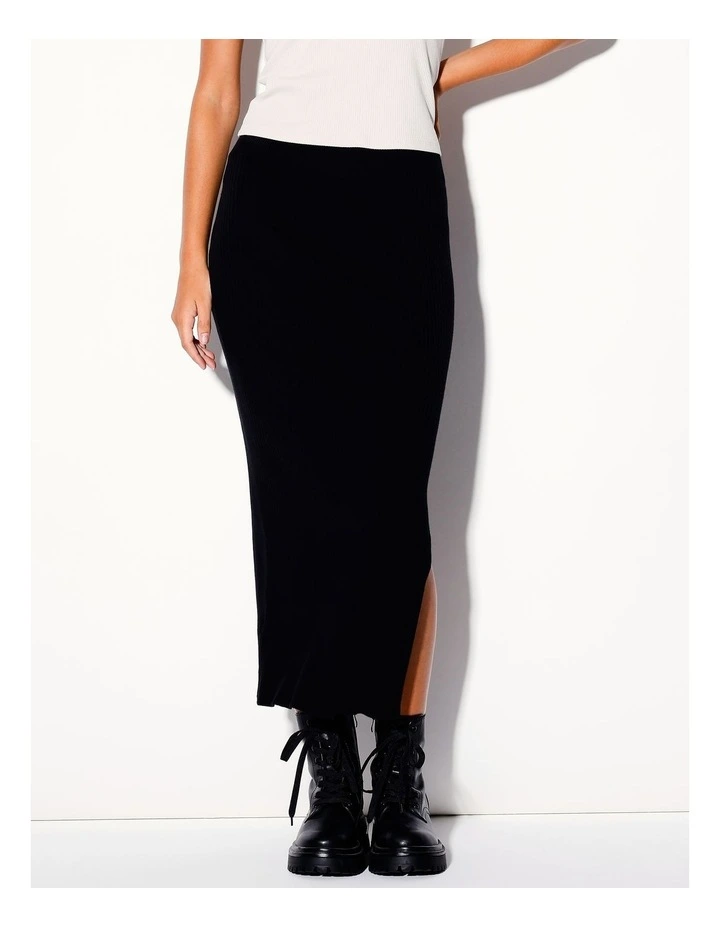 Organic Blend Knit Rib Midi Skirt in Black