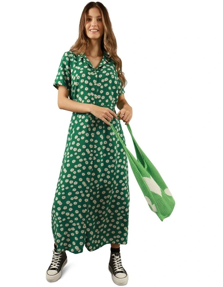 Collared Shirt Midi Dress in Green