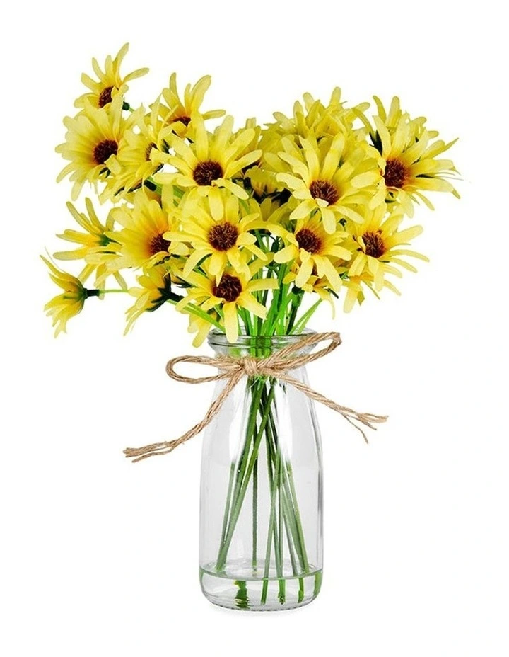 Artificial Yellow Chrysanthemum Glass Vase New Plants & Pots in Yellow/Green