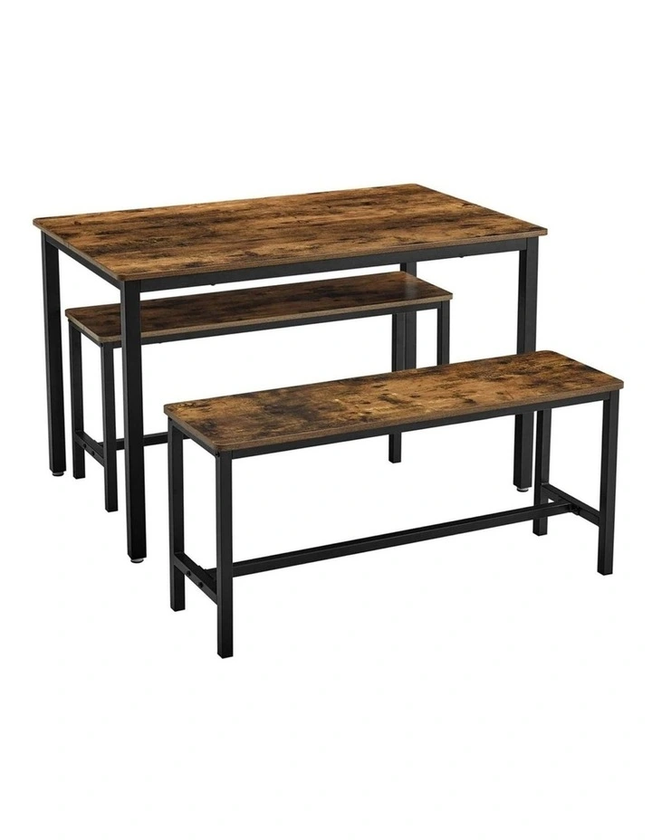 Dining Table Set with 2 Benches in Rustic Brown/Black