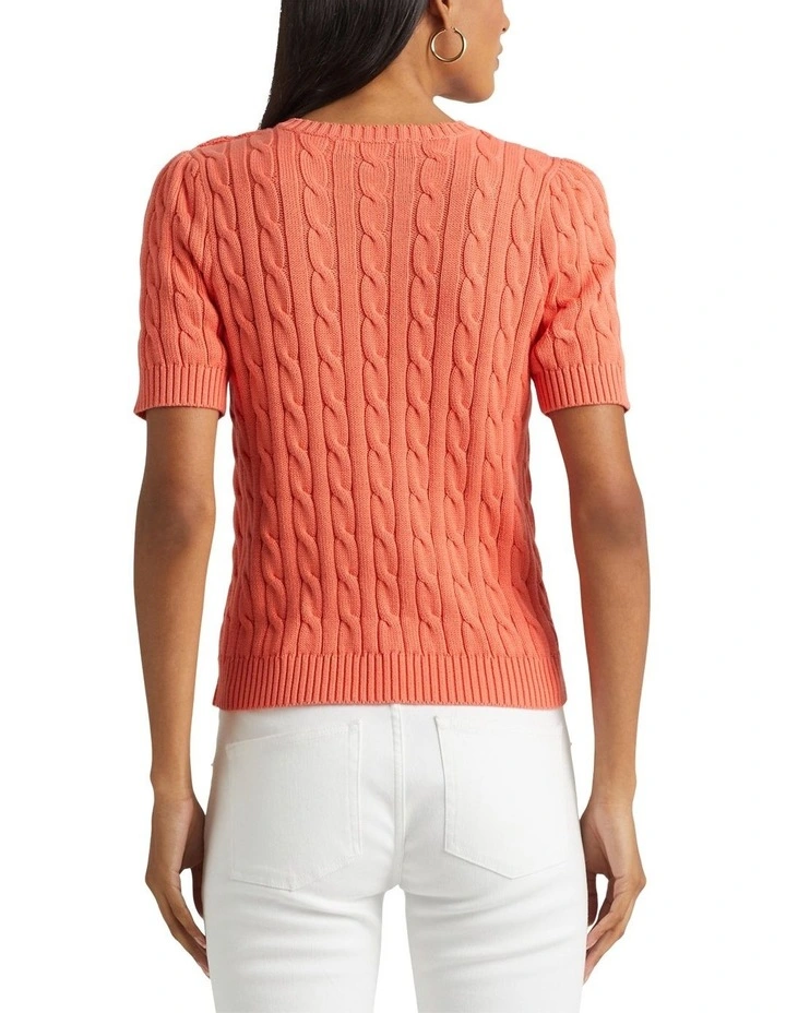 Cable Knit Cotton Short Sleeve Sweater in Orange