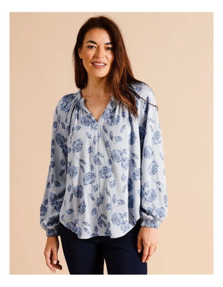 Long Sleeve Shirred Neck Top In Blue Tonal Floral
