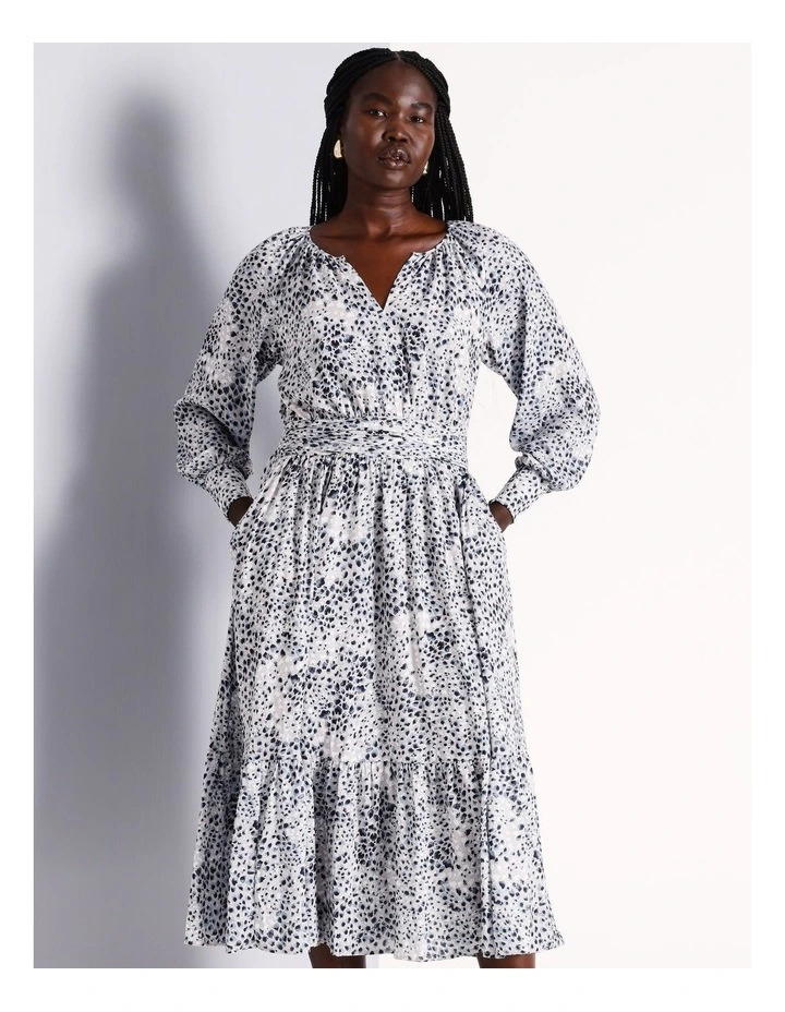 Gathered Neck Tiered Long Sleeve Midi Dress in Assorted