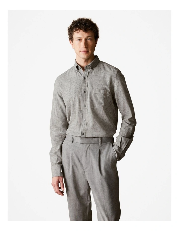 Regular Fit Brushed Cotton Flecked Shirt in Grey Marle