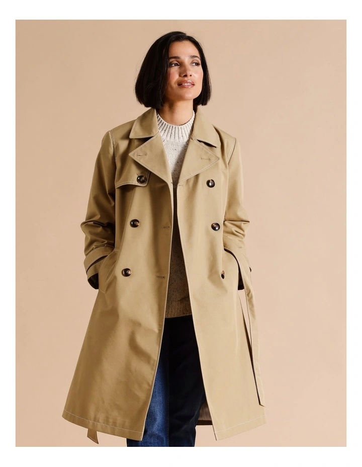 Lined Trench Coat With Contrast Stitching In Camel