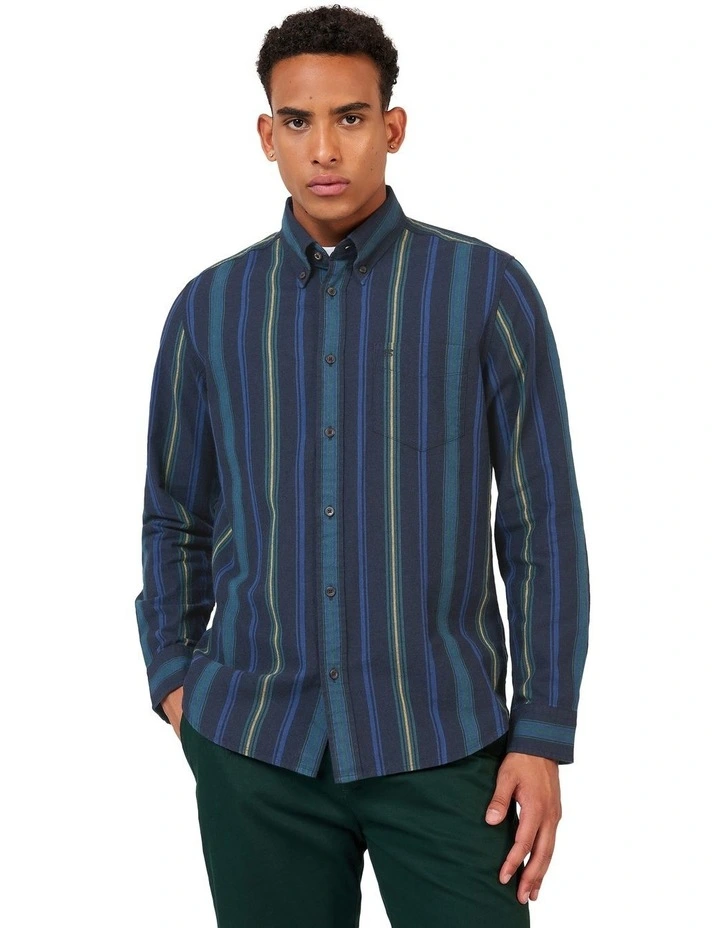 Recycled Oxford Stripe Long Sleeve Shirt in Green