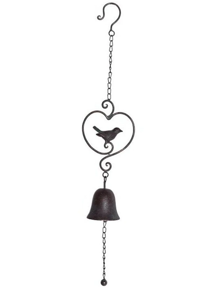 Hanging 'Bird in Heart' Garden Bell in Black
