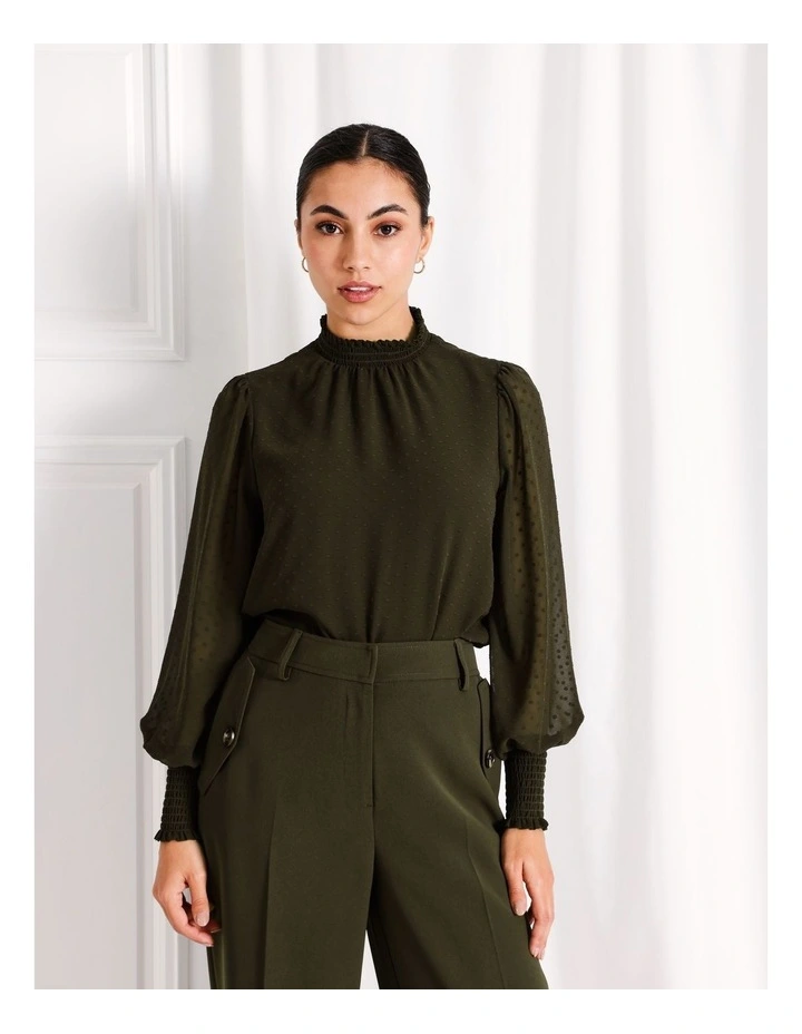 High Neck Shirred Blouse in Khaki