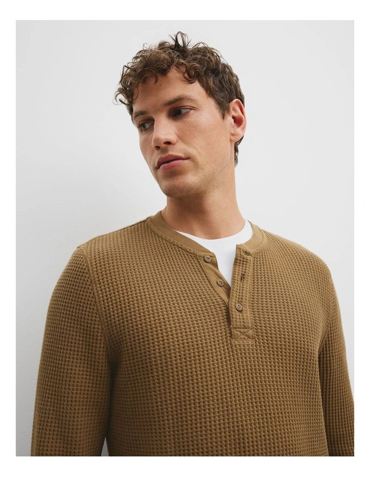 Australian Cotton Blend Waffle Henley Tee in Walnut