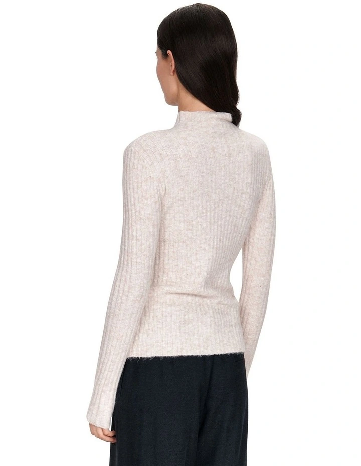 Fuzzy Funnel Neck Ribbed Knit in Cream