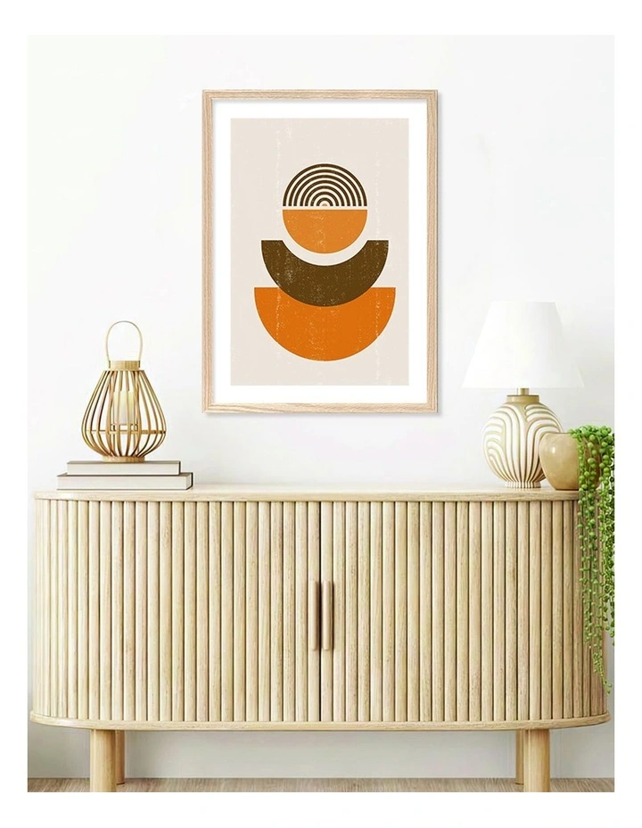 Australian Made Orange Boho Sun Shapes Art Print A2 in Natural Frame