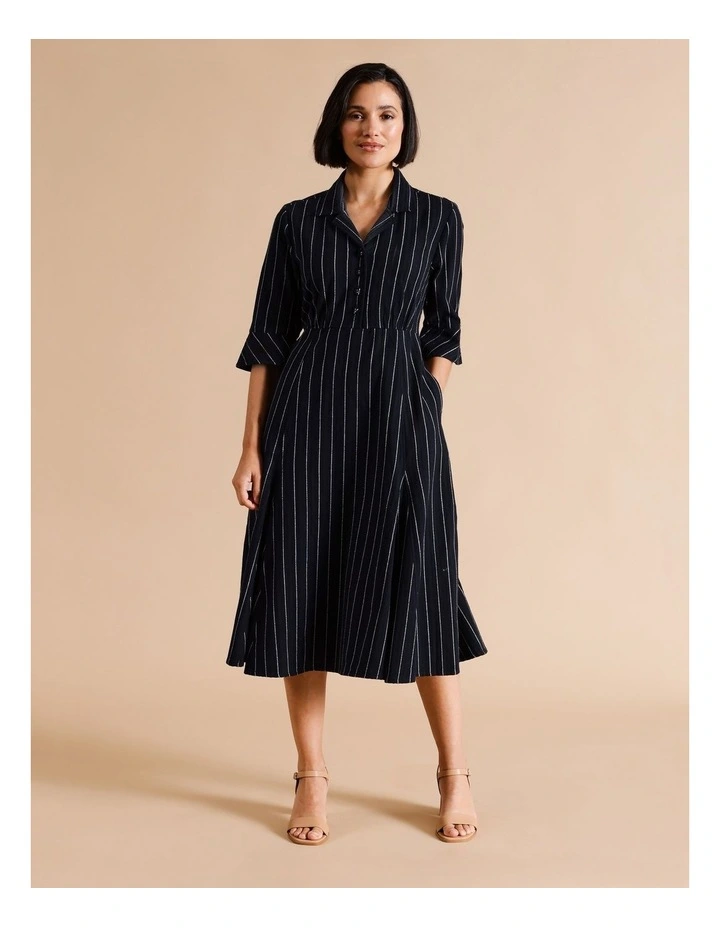 Organic Cotton Shirt Dress With Godet Skirt In Navy/White Stripe