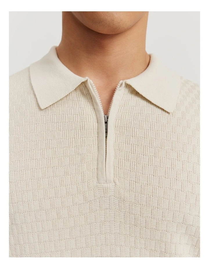 Cotton Silk Textured Knit Polo in Stone Melange