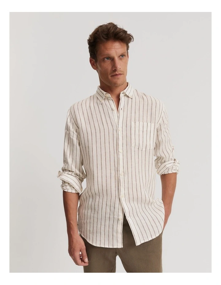 Organically Grown Linen Stripe Shirt in Dark Brown