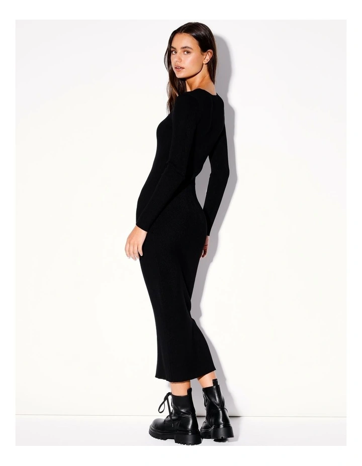 Eco Blend Scoop Neck Long Sleeve Knit Midi Dress in Black