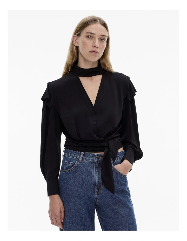 Tie V-neck Blouse in Black