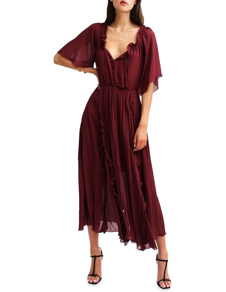 Amour Amour Ruffled Midi Dress in Burgundy