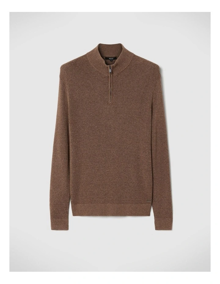 Funnel Neck Long Sleeve Knit With Honeycomb Texture Detail in Walnut