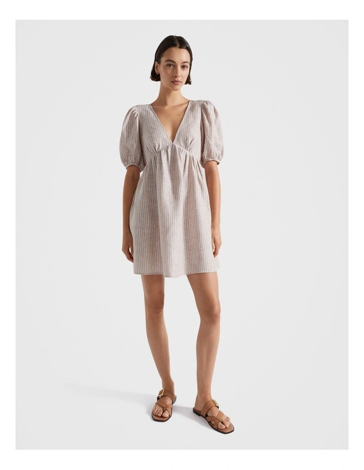 Linen Stripe V Neck Mini Dress in Beige
