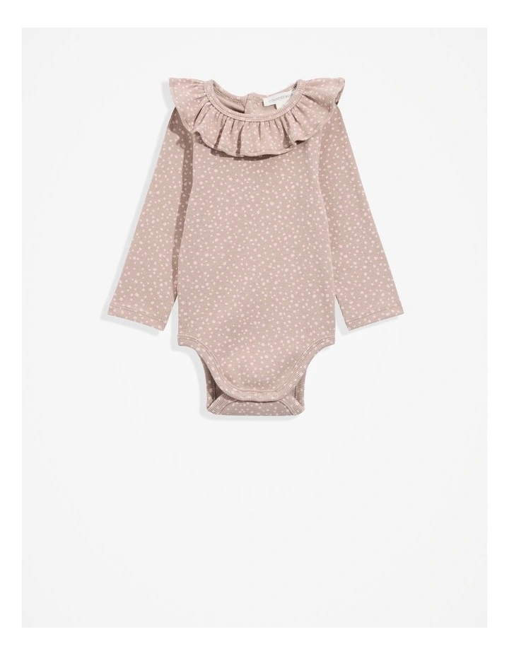 Organically Grown Cotton Frill Rib Long Sleeve Bodysuit in Mushroom Spot