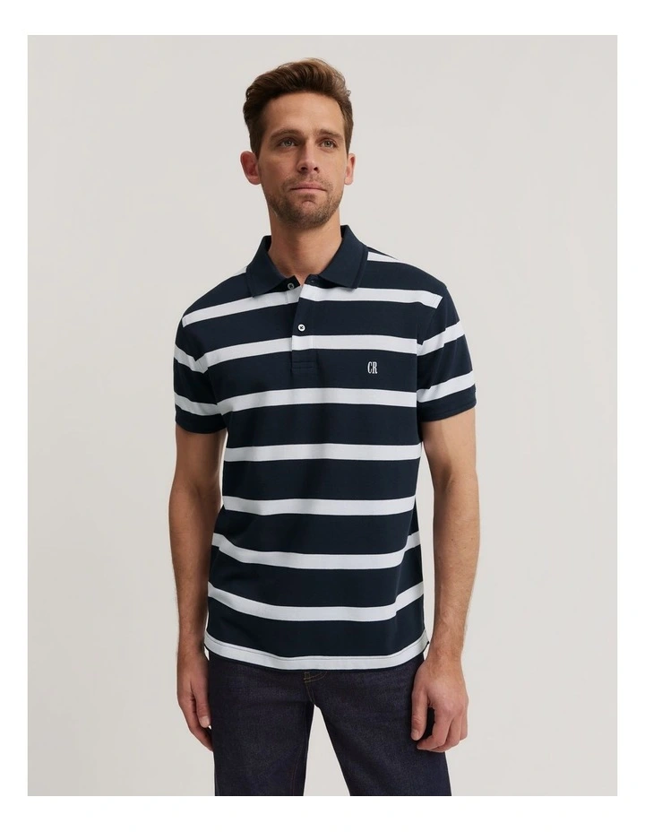 Verified Australian Cotton Stripe Pique Polo in Navy