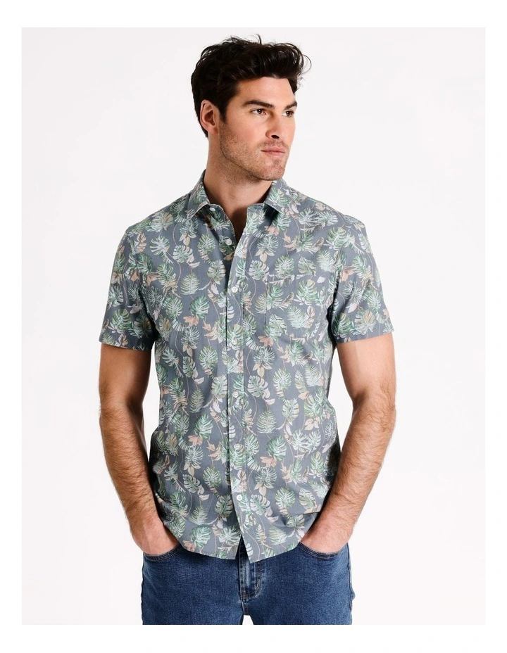 Monty Floral Print Short Sleeve Shirt in Grey