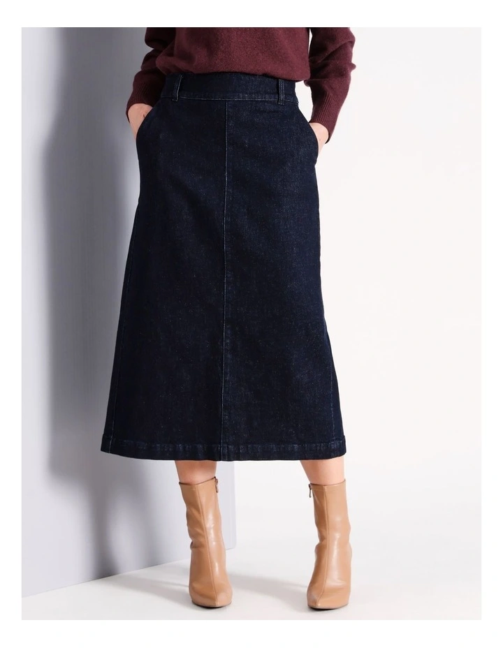 Recycled Cotton Blend Denim Midi Skirt in Indigo