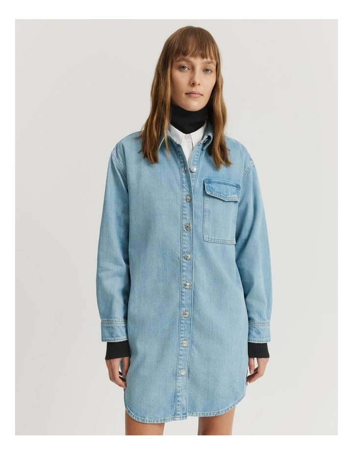 Button Detail Denim Dress in Aged Soft Wash
