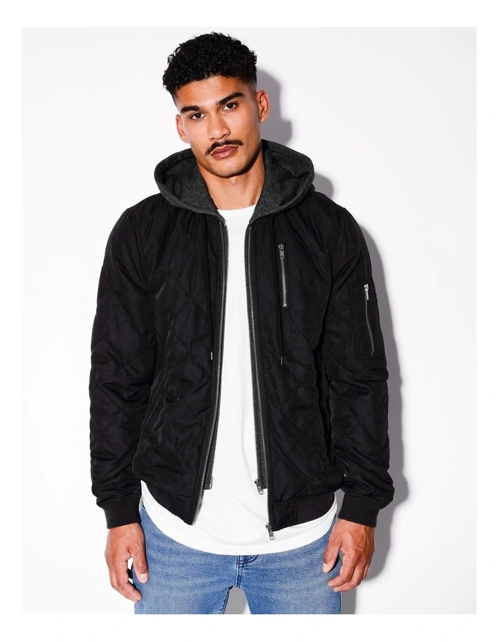 Quantum Quilted Recycled 2 In 1 Hooded Bomber in Black