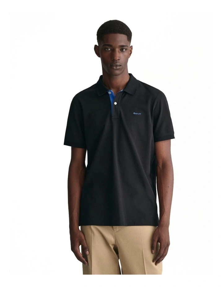Contrast Collar Pique Short Sleeve Polo Shirt in Black