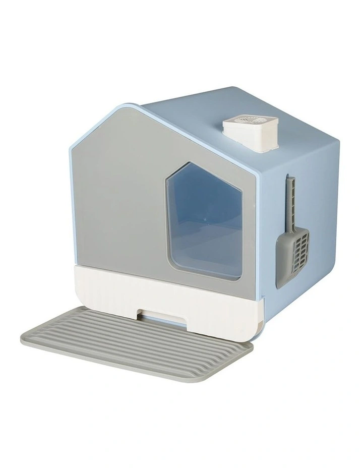 Fully Enclosed Cat Litter Box Mat Kitty Toilet Odour Control Basin in Blue