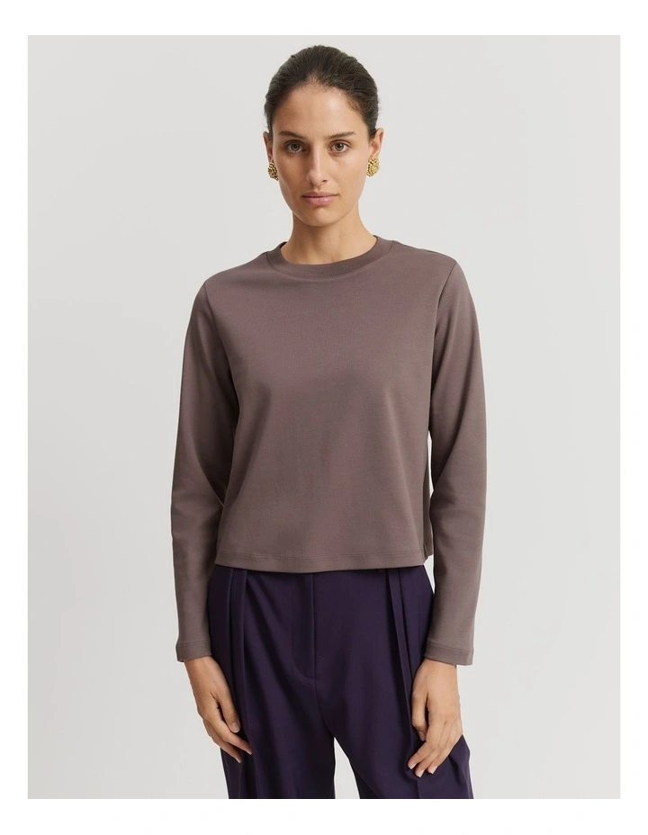 Australian Cotton Slim Fit Long Sleeve Top in Truffle