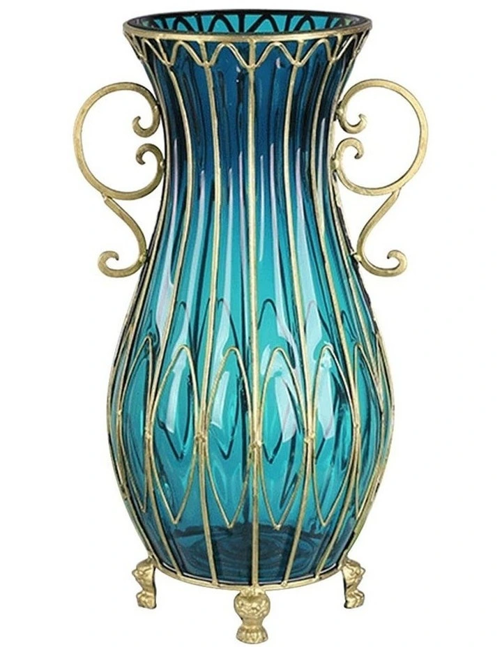 Glass Oval Floor Vase with Metal Flower Stand 51cm in Blue