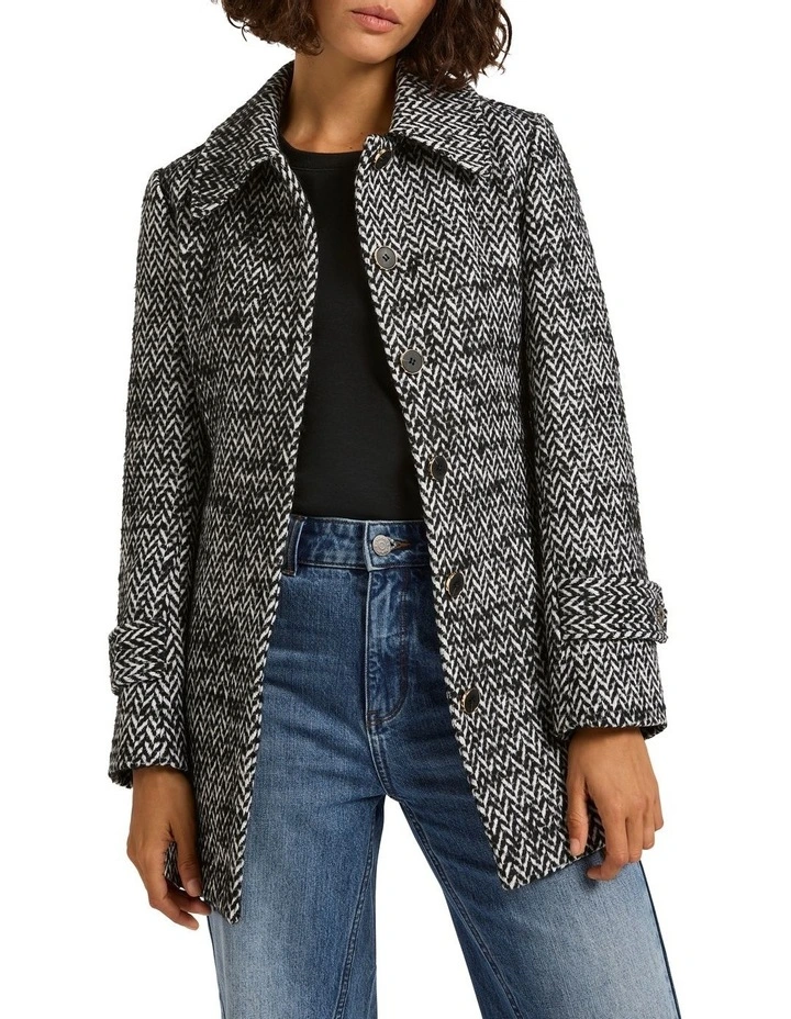 Henley Wool Blend Coat in Black/White