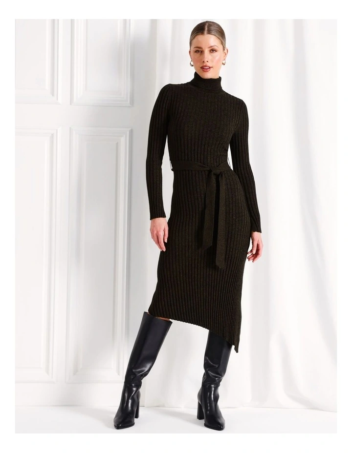 Asymmetrical Rib Knit Dress in Khaki